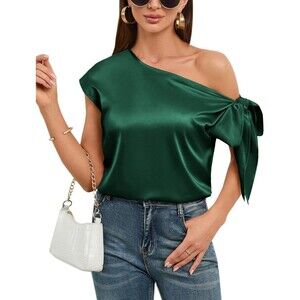 Women's Off Shoulder Satin Top Elegant Asymmetric Green (62)